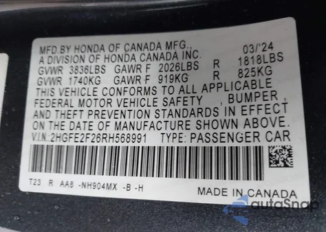 2024 Honda Civic Lx из США, поврежденный, VIN 2HGFE2F26RH568991